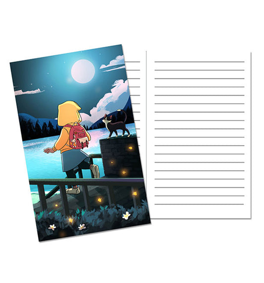 Illustrated cover of the Adventure Girl Journal featuring a young Black girl in a yellow hoodie standing by a glowing lake under the moonlight, with a cat and backpack beside her. A dreamy and empowering journal for girls who imagine boldly and dream big.