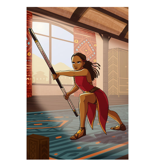 Illustration of Anyia - It Begins, a fantasy adventure book featuring a brave Black girl warrior from Nagoran Village, created by Jacquitta A. McManus.