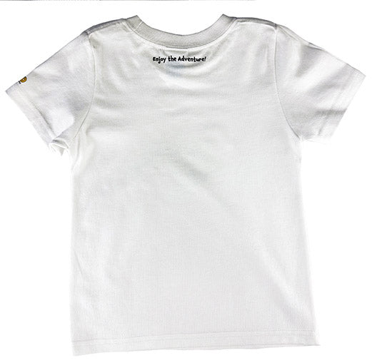 The back of a White short sleeve t-shirt for toddlers featuring Baby Princess sitting with her magical doll and toys. A playful design inspired by the Baby Princess Adventures picture book.