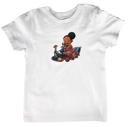 White short sleeve t-shirt for toddlers featuring Baby Princess sitting with her magical doll and toys. A playful design inspired by the Baby Princess Adventures picture book.