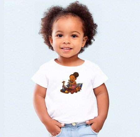 Toddler girl wearing a Baby Princess T-shirt featuring a character from the Baby Princess Adventures series. A soft white tee designed for young girls who love magical stories and fun fashion.