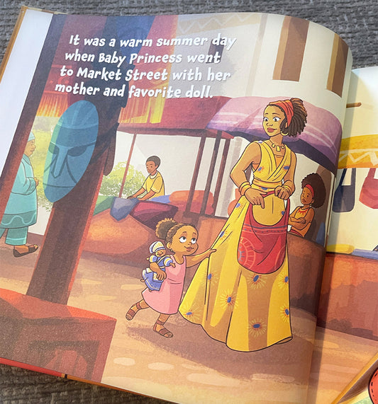 Baby Princess walks through a colorful market with her mother on a warm summer day, holding her favorite doll in a scene from the book “Baby Princess and the Lost Doll.