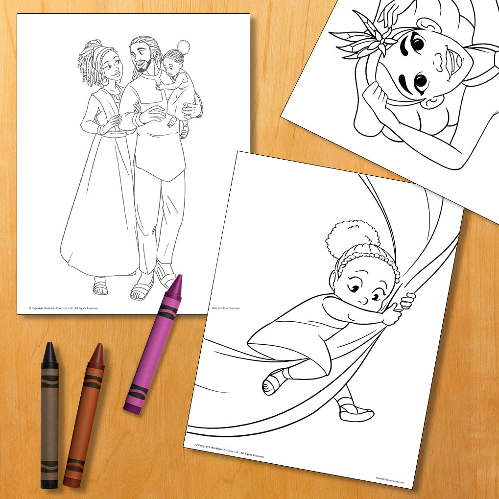 Three Black family-themed coloring pages displayed on a wooden table with crayons. One shows a mother, father, and daughter. Another shows a girl smiling with her hands on her cheeks. The third shows a girl climbing a curtain with a playful expression.