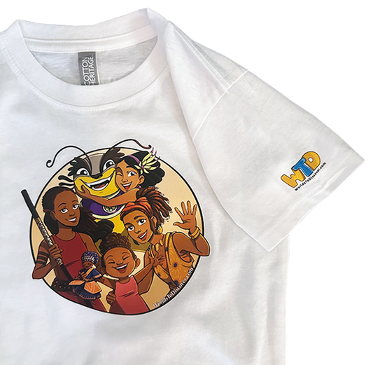 White youth t-shirt featuring characters from Worlds To Discover, including Anyia, Talee, Baby Princess, and Nola in a vibrant circle design. Perfect for girls who love fantasy, friendship, and adventure stories.