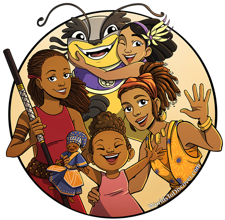 Illustration for a White youth t-shirt featuring characters from Worlds To Discover, including Anyia, Talee, Baby Princess, and Nola in a vibrant circle design. Perfect for girls who love fantasy, friendship, and adventure stories.