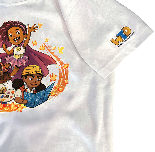 White youth t-shirt featuring a vibrant design of empowered Black girl characters reading, imagining, and leading adventures. A celebration of joy, creativity, and representation from Worlds To Discover.