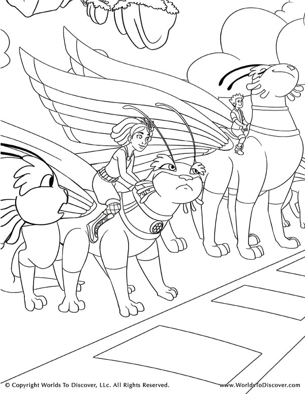 Talee sits on the back of Nola, her flying animal friend, at the starting line of the Maze-a-thon Race in this fantasy coloring page for kids.