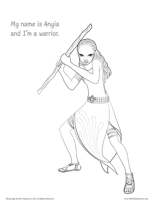 Coloring page of Anyia in a battle stance with her staff. A brave Black girl from Ethonia defying tradition to become a warrior and forge her own path.
