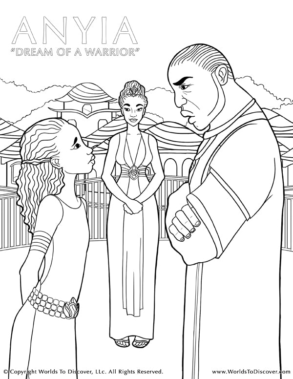 Coloring page of Anyia standing between her strict father, the village chief, and her quietly supportive mother. A defining family moment from “Anyia: Dream of a Warrior.”