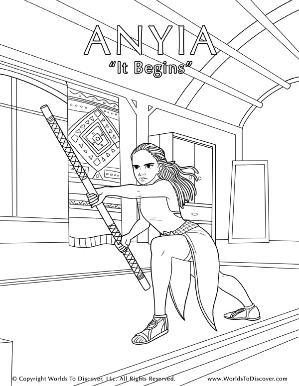 Coloring page of Anyia practicing with her staff in secret. A brave Black girl preparing to defy tradition and follow her dream of becoming a warrior.