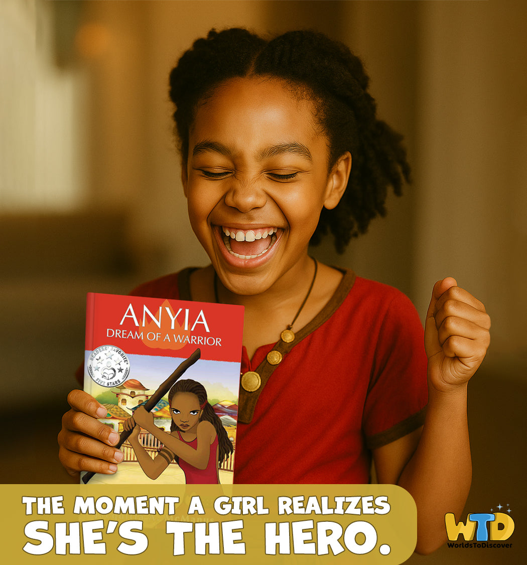 Young Black girl holding a middle grade fantasy book titled 'Anyia: Dream of a Warrior' with a warm background. A bottom text overlay: The Moment A Girl Realizes she's the hero.