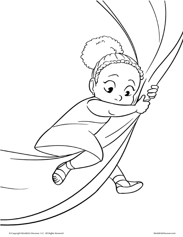 Coloring page of Baby Princess bravely climbing a curtain to rescue her doll. A bold and magical moment in this Black girl fantasy adventure.