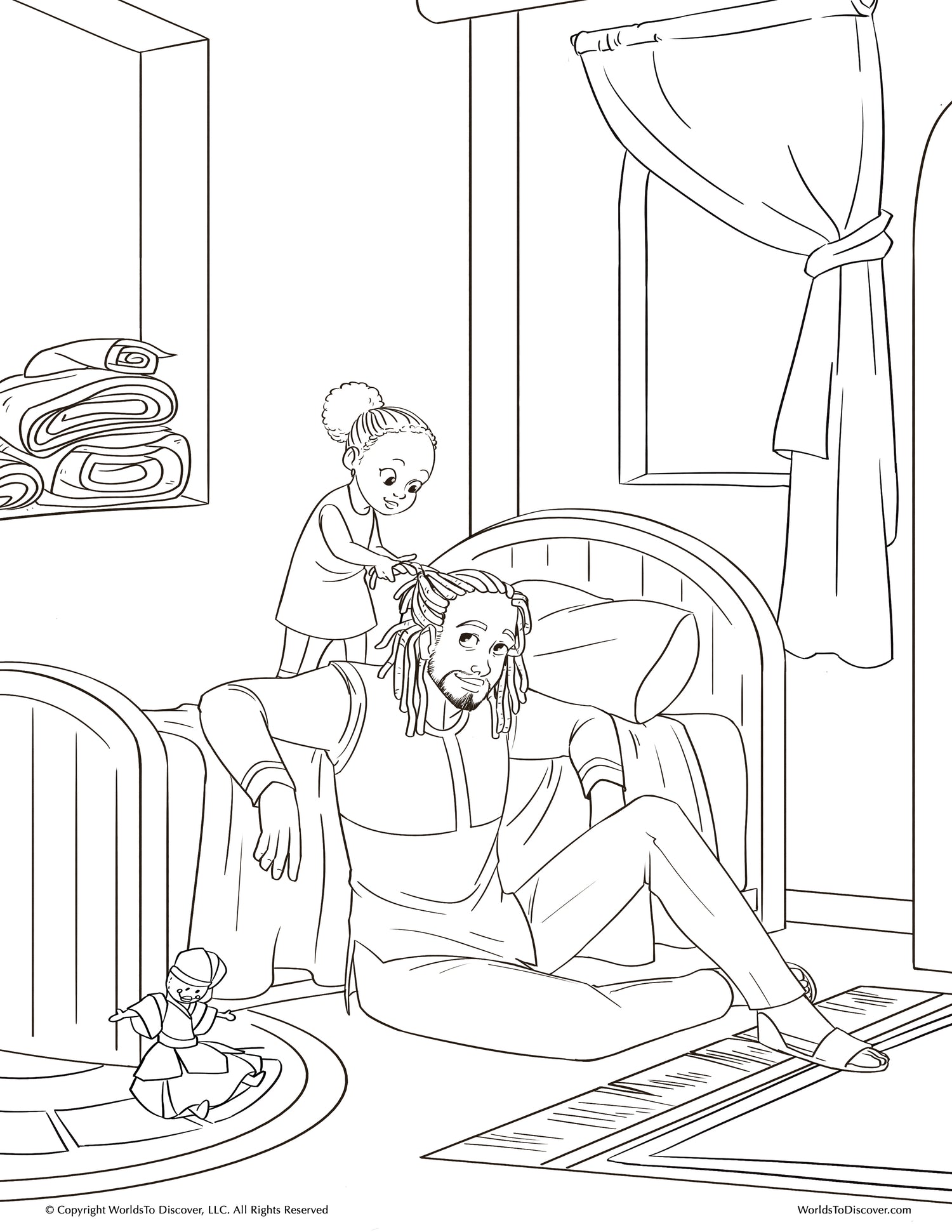 Coloring page of Baby Princess and her dad sharing a heartwarming moment. A beautiful Black father-daughter scene from the world of Ethonia.
