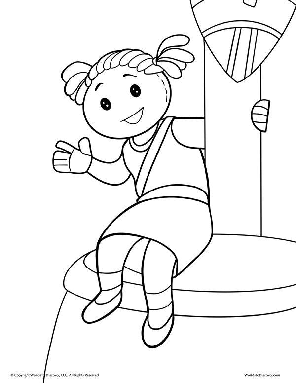 Coloring page of the magical doll from Baby Princess — a sneaky, curious character with tricks up her sleeve and a plan of her own.