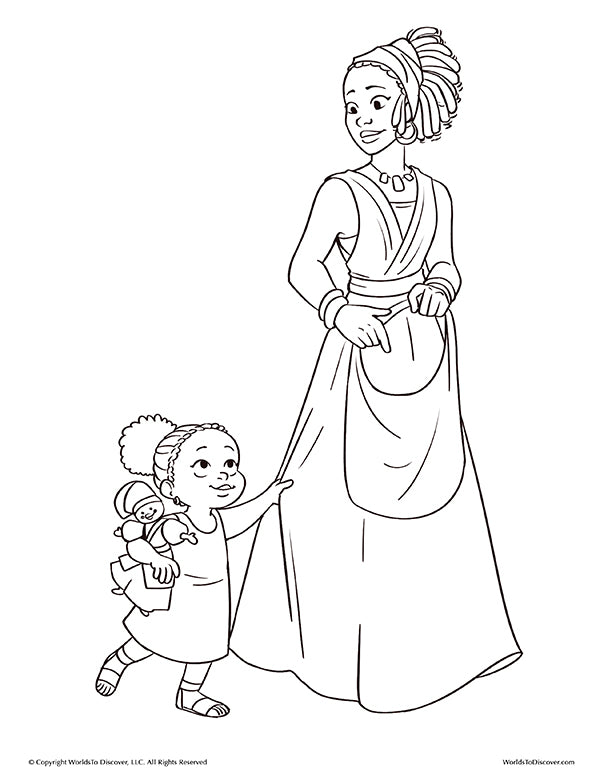 Coloring page of Baby Princess holding her mother’s dress as they walk together. A sweet Black mother-daughter moment from the world of Ethonia.
