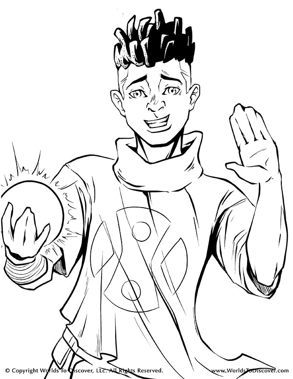 Coloring page of Benyin holding a glowing orb. A loyal Black boy who watches over Ceela, joins risky missions, and is determined to help Sanjo bring her back.