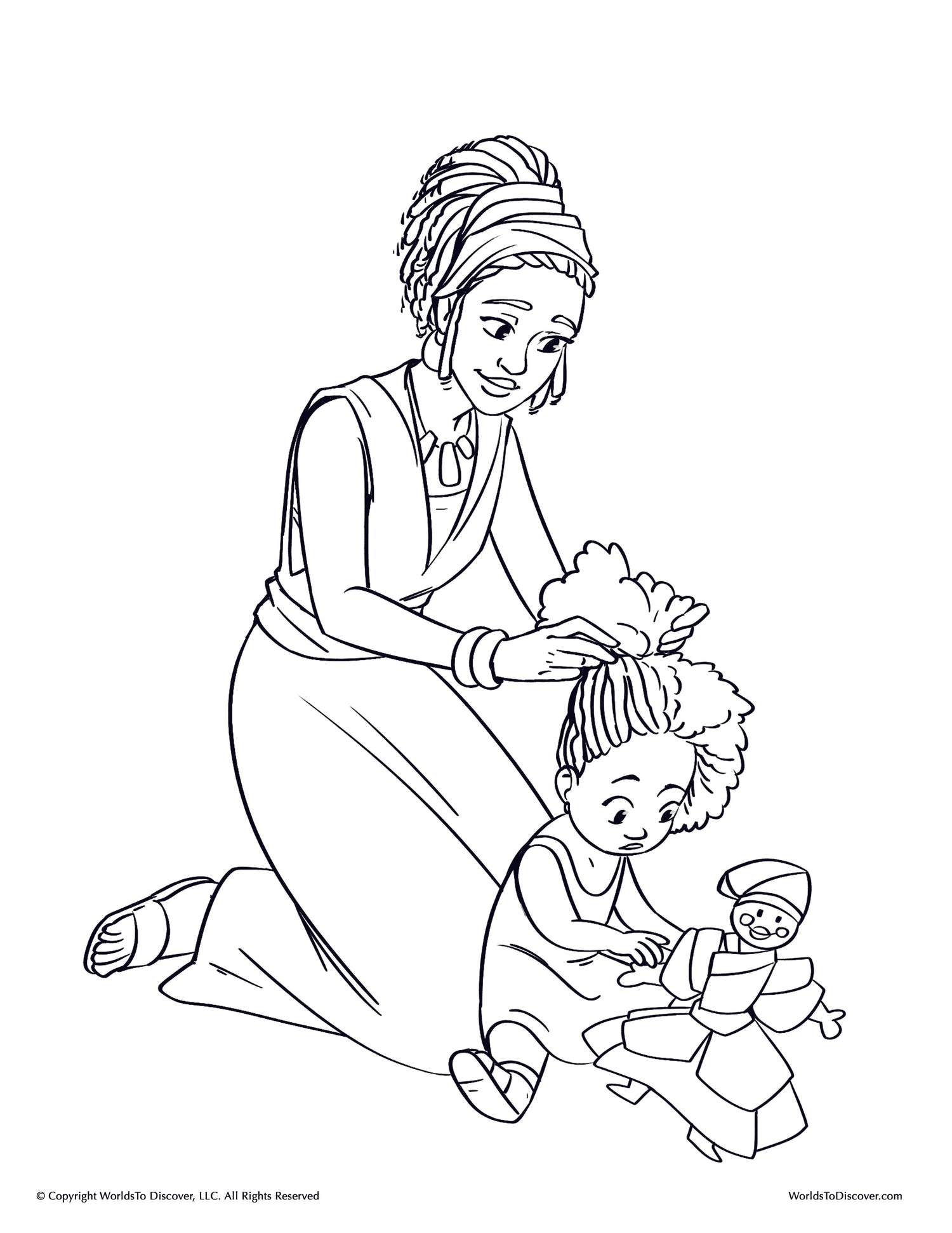 Coloring page of a Black mother gently styling her daughter’s hair while the child plays with a doll. A tender family moment from the story of Sana.