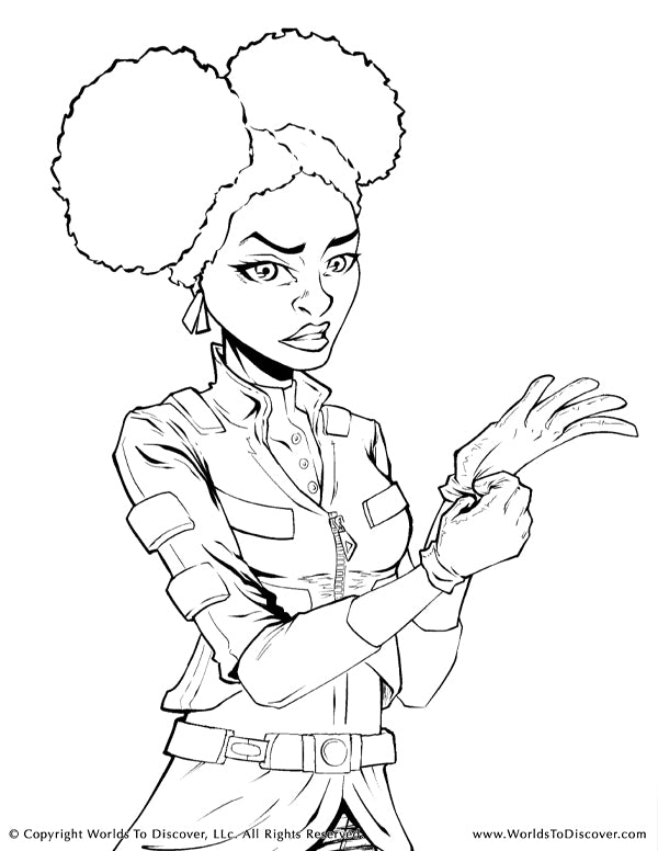 Coloring page of Ceela preparing for action. A brave, mischievous Black girl with rare Spinner Magic—the power to absorb and transfer magic. A force others fear.