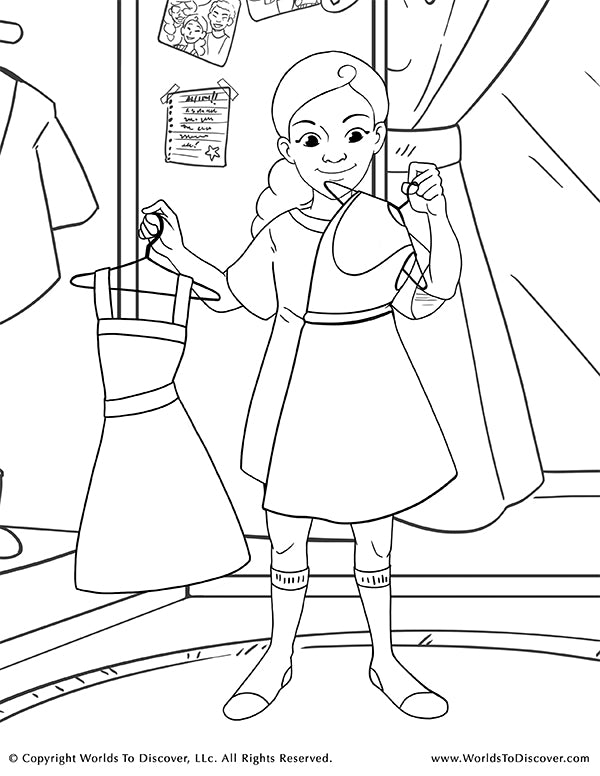 Coloring page of Cora picking out dresses in her room. A fun and playful moment from the Talee series, featuring a stylish Black girl with big personality.