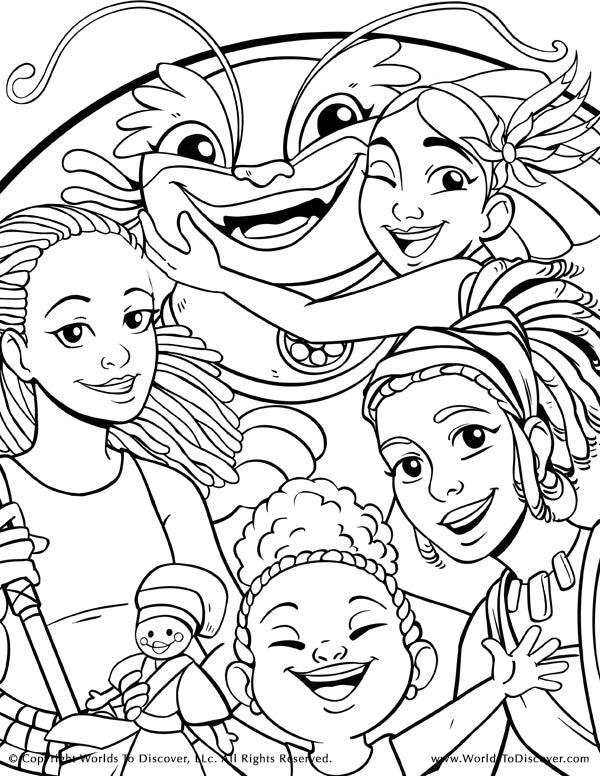 Group coloring page featuring Talee, her flying friend Nola, Anyia, Baby Princess, and her mother—all smiling in a joyful fantasy illustration.