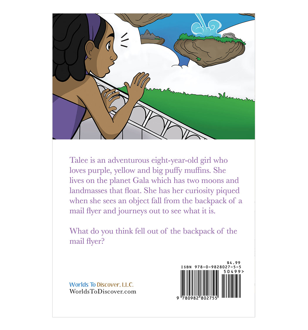 Back cover of “Talee and the Fallen Object,” a picture book about a curious Black girl who discovers adventure in her floating world.
