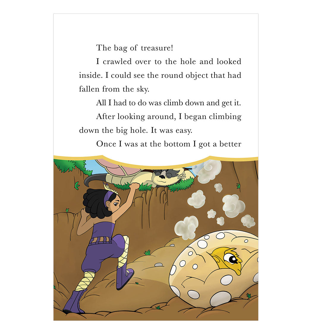 Story page of “Talee and the Fallen Object,” a early reader chapter book about a curious Black girl who discovers adventure in her floating world.