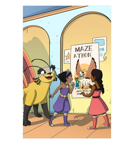 Illustration from “Talee and the Maze-a-thon Race” — a fantasy chapter book about a brave Black girl racing through a magical maze with her flying friend.