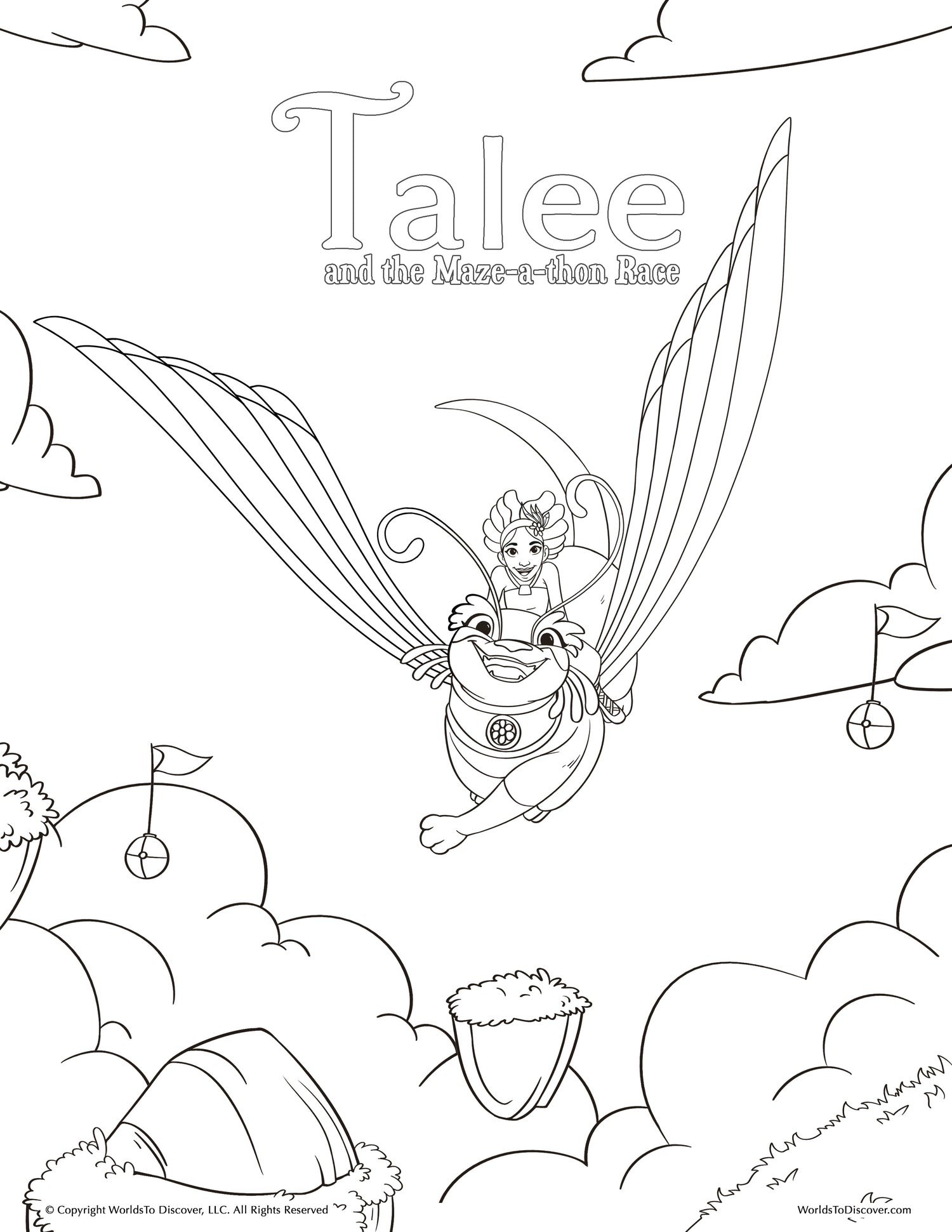 Coloring page of Talee soaring through the sky on her flying friend during the magical Maze-a-thon race. A thrilling Black girl adventure in the world of Gala.
