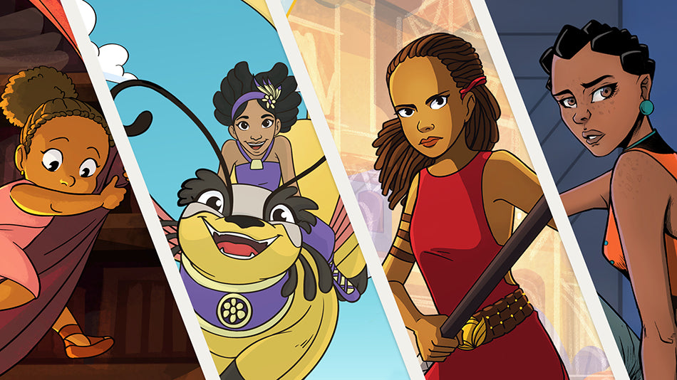 Banner featuring Baby Princess, Talee, Anyia, and Sanjo—four bold Black girl heroes from the Worlds To Discover book series.