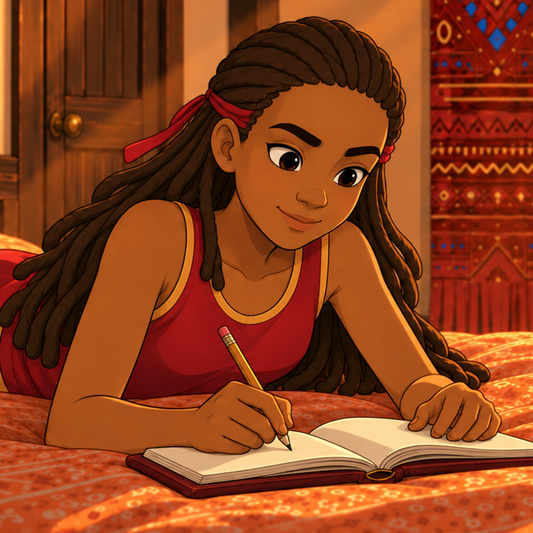 Anyia writing in a character journal to overcome writer’s block