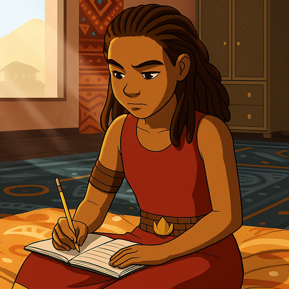 Anyia sits cross-legged on the floor, focused as she writes in a journal with a pencil. She wears a red outfit and is surrounded by warm light and decorative rugs in a traditional room.