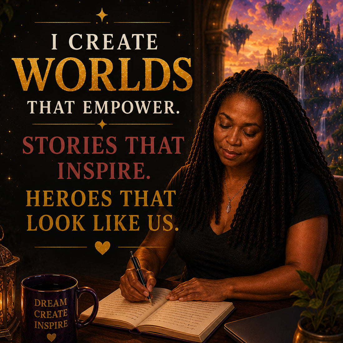 Author Jacquitta A. McManus writing fantasy and science fiction stories featuring Black girl protagonists in a magical Worlds To Discover inspired setting.