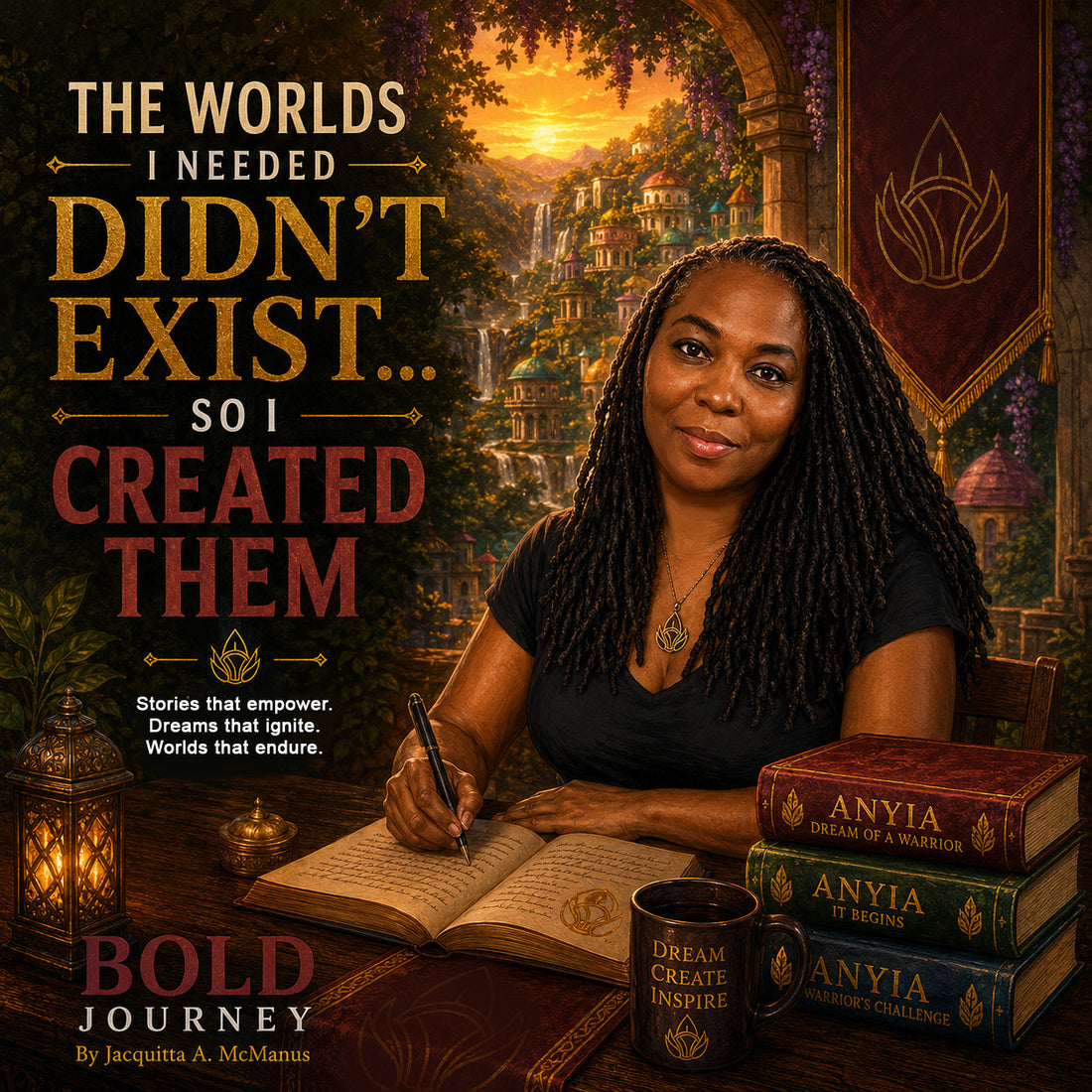 Fantasy author illustration featuring magical cityscapes, glowing lanterns, and epic worldbuilding themes inspired by empowering children’s fantasy stories with Black girl protagonists.