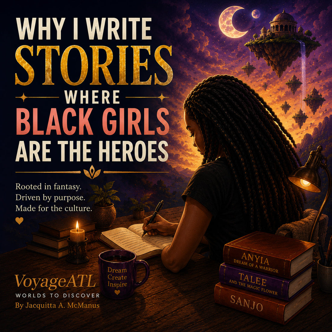 Illustration of author Jacquitta A. McManus discussing why Black girls deserve to see themselves as heroes in fantasy and science fiction stories.