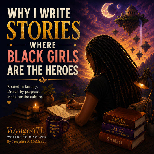 Illustration of author Jacquitta A. McManus discussing why Black girls deserve to see themselves as heroes in fantasy and science fiction stories.