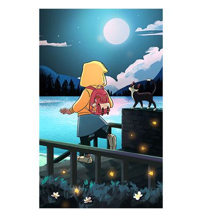 Illustrated cover of the Adventure Girl Journal featuring a young Black girl in a yellow hoodie standing by a glowing lake under the moonlight, with a cat and backpack beside her. A dreamy and empowering journal for girls who imagine boldly and dream big.