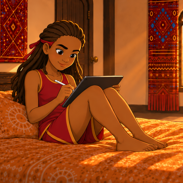 Anyia sitting on her bed coloring on a tablet in her warm Nagoran Village bedroom.