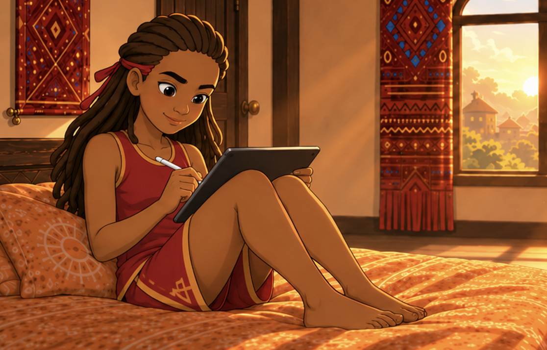 Anyia sitting on her bed coloring on a tablet in her warm Nagoran Village bedroom.