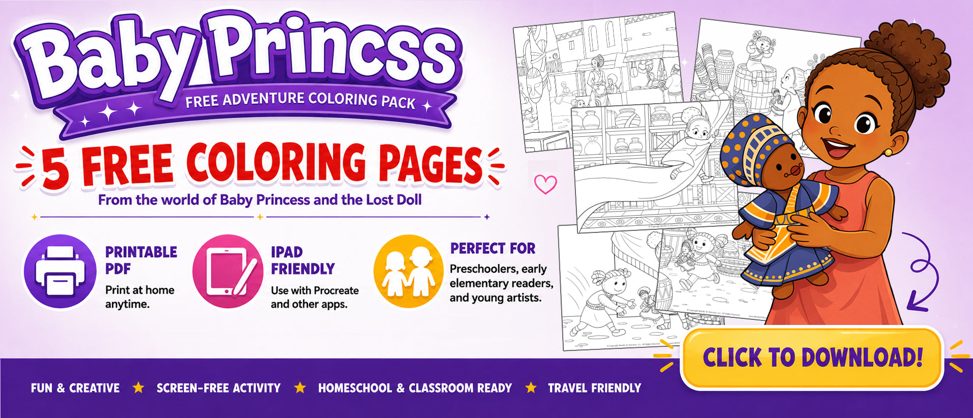 Download my FREE coloring pages and bring the world of Baby Princess and the Lost Doll to life. This free coloring pack is filled with engaging pages designed to spark imagination, encourage creativity, and provide hours of screen-free fun.