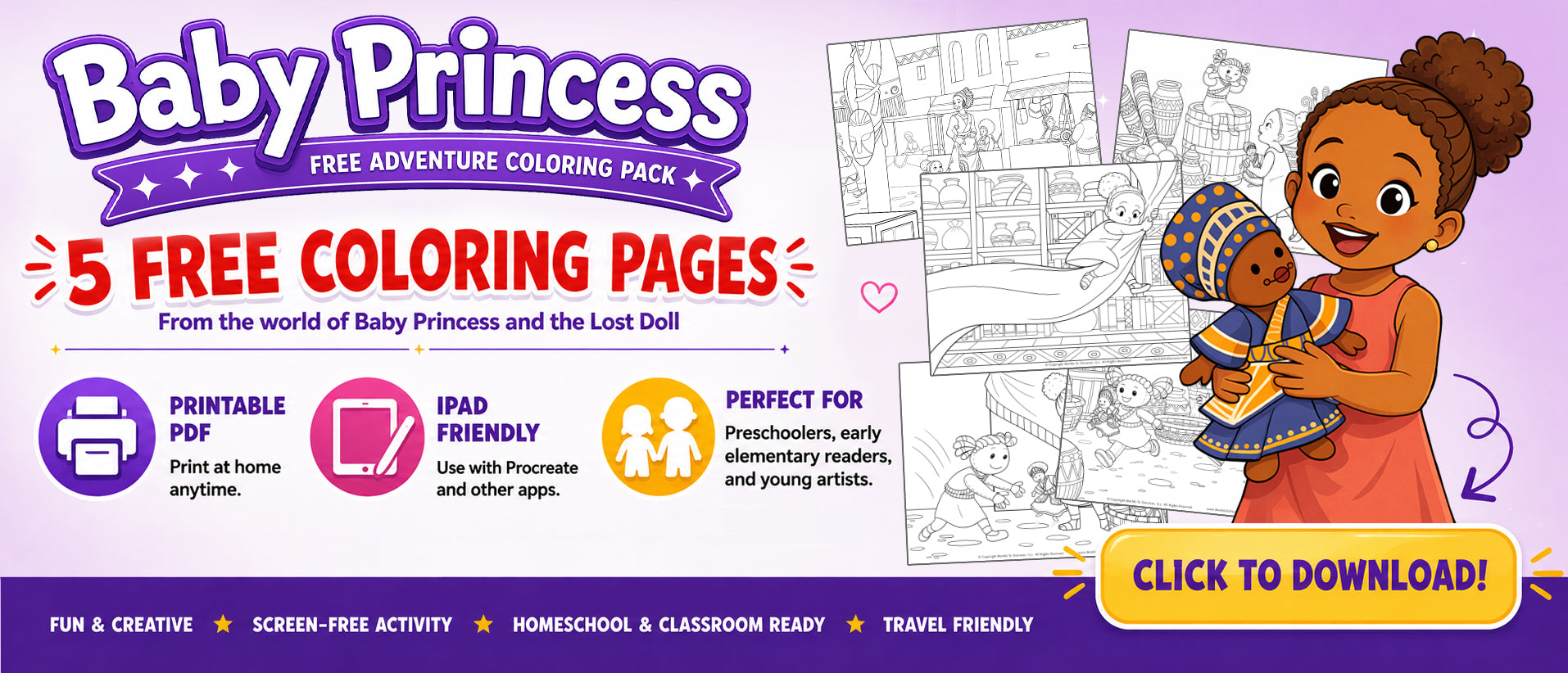 Download my FREE coloring pages and bring the world of Baby Princess and the Lost Doll to life. This free coloring pack is filled with engaging pages designed to spark imagination, encourage creativity, and provide hours of screen-free fun.