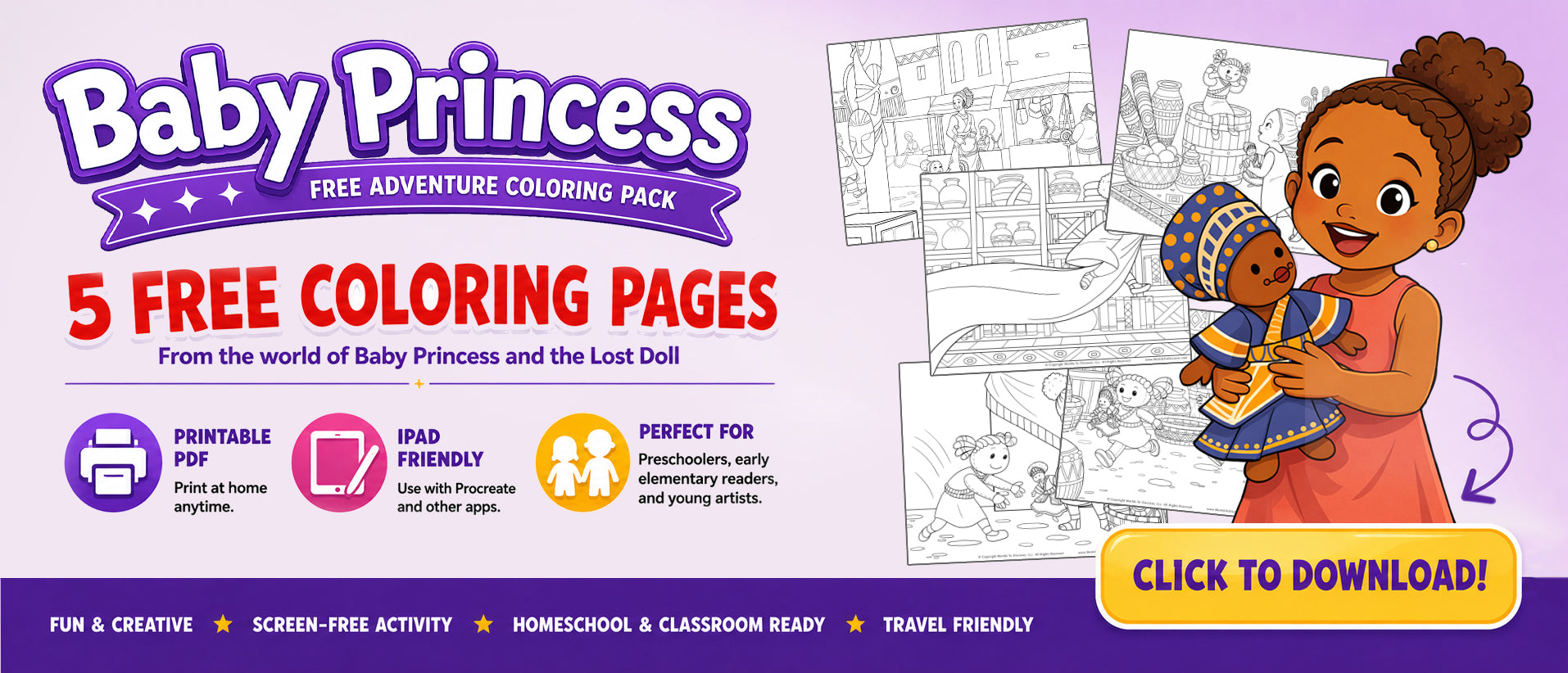 Download my FREE coloring pages and bring the world of Baby Princess and the Lost Doll to life. This free coloring pack is filled with engaging pages designed to spark imagination, encourage creativity, and provide hours of screen-free fun.