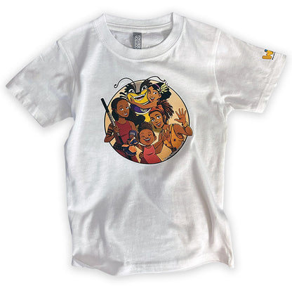 White youth t-shirt featuring characters from Worlds To Discover, including Anyia, Talee, Baby Princess, and Nola in a vibrant circle design. Perfect for girls who love fantasy, friendship, and adventure stories.
