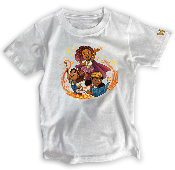 White youth t-shirt featuring a vibrant design of empowered Black girl characters reading, imagining, and leading adventures. A celebration of joy, creativity, and representation from Worlds To Discover.