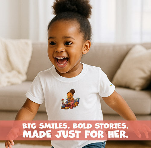 Child wearing a white t-shirt with a graphic design of Baby Princess from the picture book Baby Princess and the Lost Doll with a text overlay, "Big Smiles, Bold Stories. Made Just For Her."