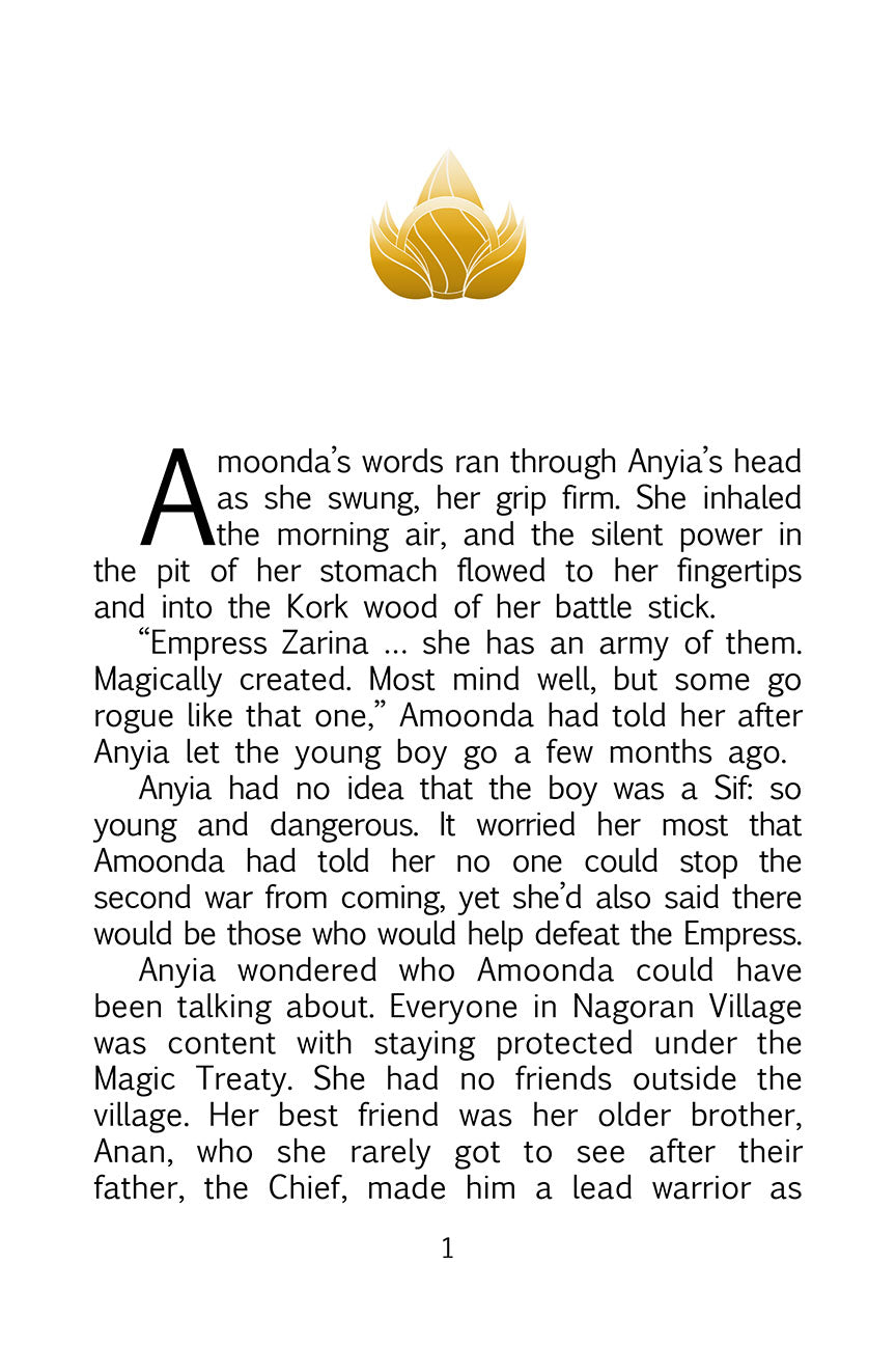 Page 1 of Anyia - It Begins, a fantasy adventure book featuring a brave Black girl warrior from Nagoran Village, created by Jacquitta A. McManus.