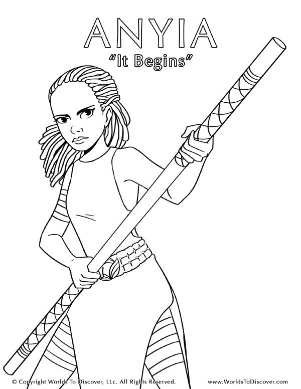 Coloring page of Anyia standing strong with her battle staff. Brave and determined, this Black girl warrior is ready to begin her journey in “It Begins.”
