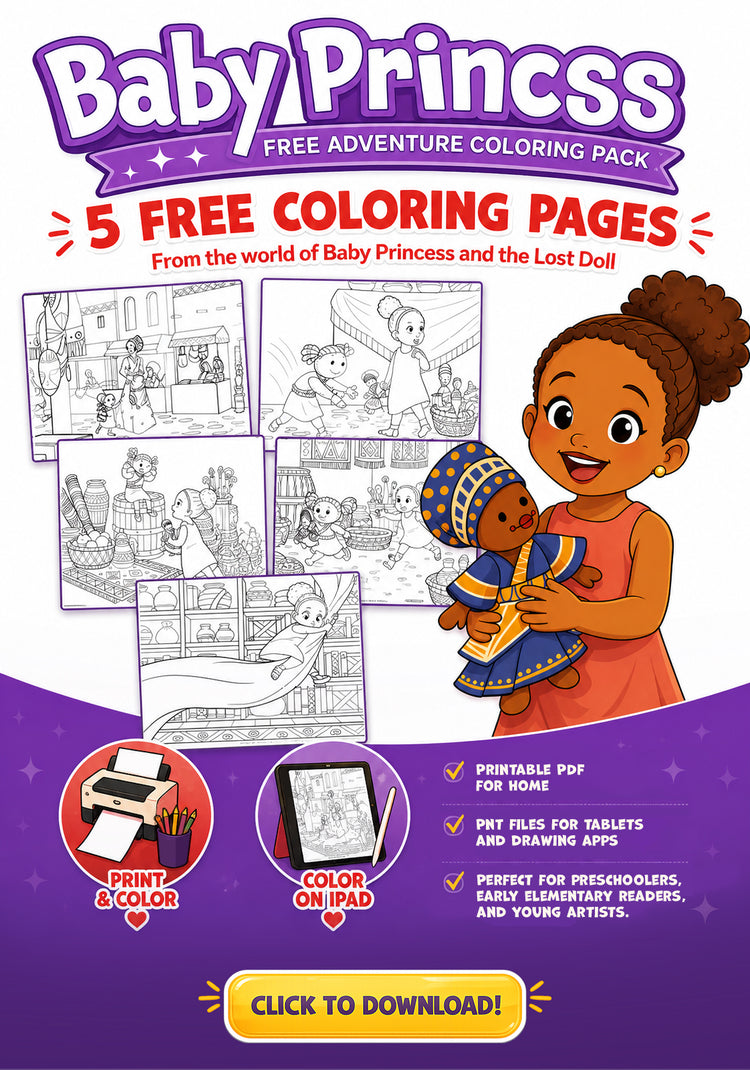 Download my FREE coloring pages and bring the world of Baby Princess and the Lost Doll to life. This free coloring pack is filled with engaging pages designed to spark imagination, encourage creativity, and provide hours of screen-free fun.