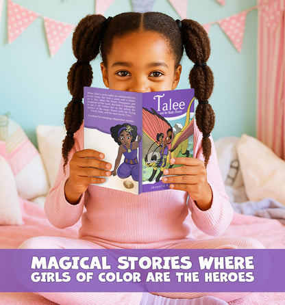 Young Black girl smiling while reading “Talee and the Magic Flower,” a diverse early reader fantasy chapter book. Text reads: Magical stories where girls of color are the heroes.